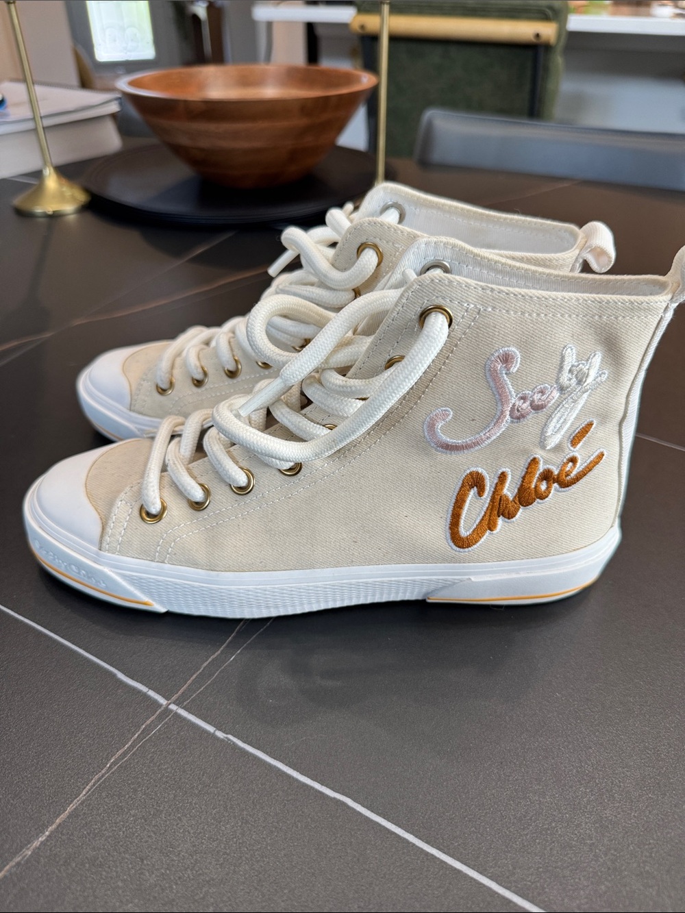 See By Chloé Cream High-Top Canvas Sneakers with Gold Script